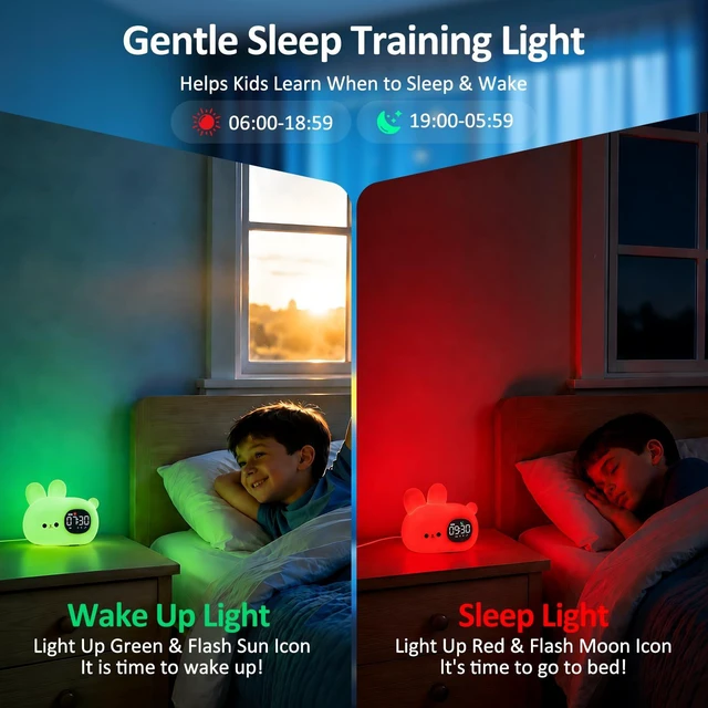 Alt view image 3 of 7 - Bunny Kids Alarm Clock with Night Light, OK to Wake Clock for Toddler | Cute Digital Clock for Bedroom Bedside, Dual Alarm, Multicolor Night Light, White Noise, Desk Clock Gift for Boys and Girls
