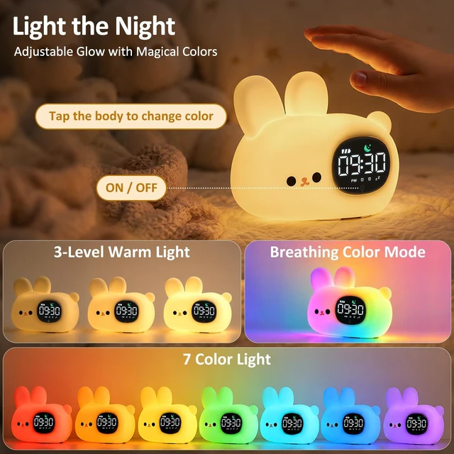 Alt view image 5 of 7 - Bunny Kids Alarm Clock with Night Light, OK to Wake Clock for Toddler | Cute Digital Clock for Bedroom Bedside, Dual Alarm, Multicolor Night Light, White Noise, Desk Clock Gift for Boys and Girls