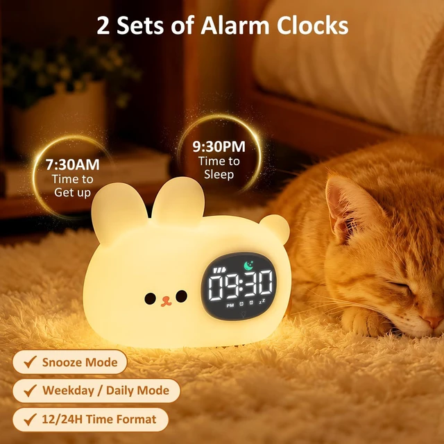 Alt view image 4 of 7 - Bunny Kids Alarm Clock with Night Light, OK to Wake Clock for Toddler | Cute Digital Clock for Bedroom Bedside, Dual Alarm, Multicolor Night Light, White Noise, Desk Clock Gift for Boys and Girls
