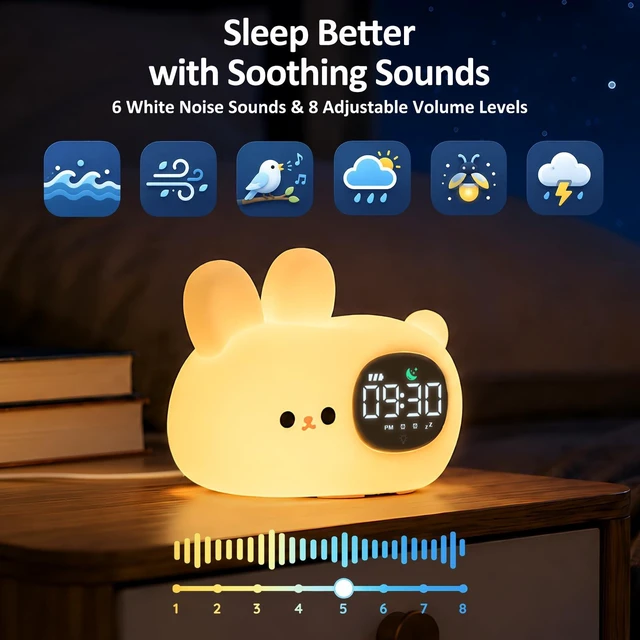 Alt view image 6 of 7 - Bunny Kids Alarm Clock with Night Light, OK to Wake Clock for Toddler | Cute Digital Clock for Bedroom Bedside, Dual Alarm, Multicolor Night Light, White Noise, Desk Clock Gift for Boys and Girls