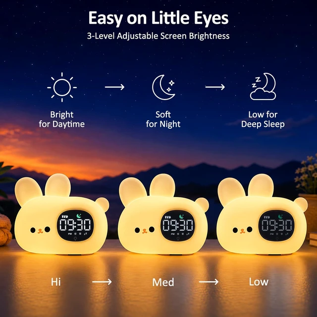 Alt view image 7 of 7 - Bunny Kids Alarm Clock with Night Light, OK to Wake Clock for Toddler | Cute Digital Clock for Bedroom Bedside, Dual Alarm, Multicolor Night Light, White Noise, Desk Clock Gift for Boys and Girls