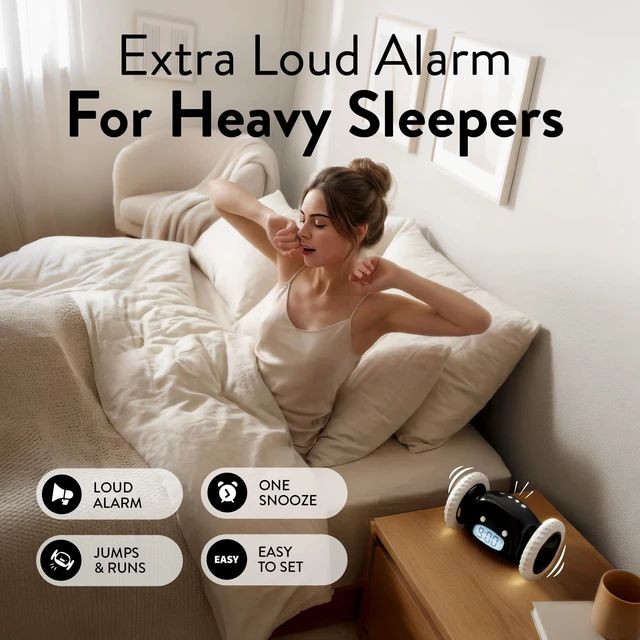 Alt view image 2 of 7 - Runaway Digital Loud Rolling Alarm Clock for Heavy Sleeper Adults | Alarm Clock on Wheels that Jumps & Runs to Wake You Up | Funny Unique Gift for Adults, Teens & Kids Bedrooms, Black