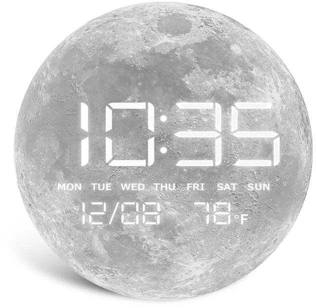 Main image of Digital Desk & Shelf Clock, LED Moon/Earth Design, Temperature Display, 7.87 x 7.87 inches (Moon, 7.87 INCH)