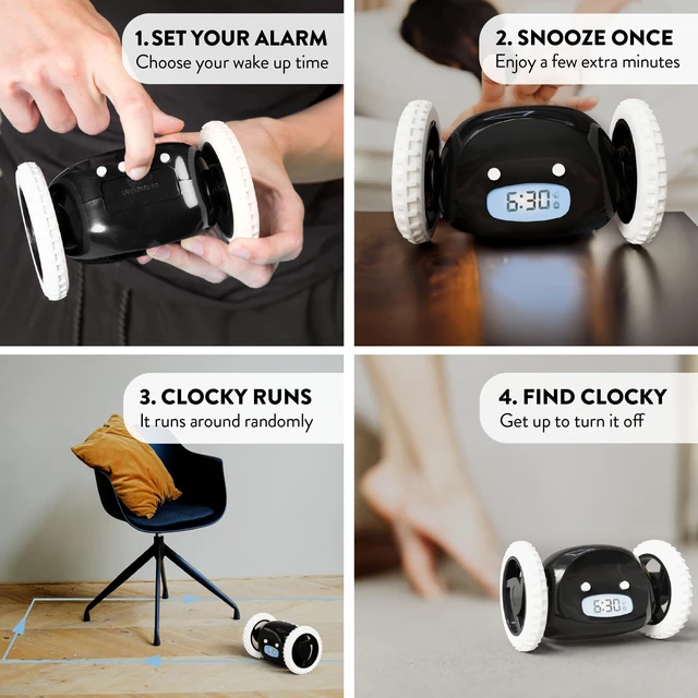 Alt view image 4 of 7 - Runaway Digital Loud Rolling Alarm Clock for Heavy Sleeper Adults | Alarm Clock on Wheels that Jumps & Runs to Wake You Up | Funny Unique Gift for Adults, Teens & Kids Bedrooms, Black