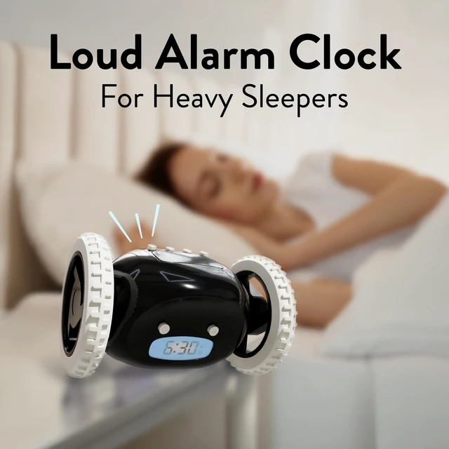 Alt view image 6 of 7 - Runaway Digital Loud Rolling Alarm Clock for Heavy Sleeper Adults | Alarm Clock on Wheels that Jumps & Runs to Wake You Up | Funny Unique Gift for Adults, Teens & Kids Bedrooms, Black