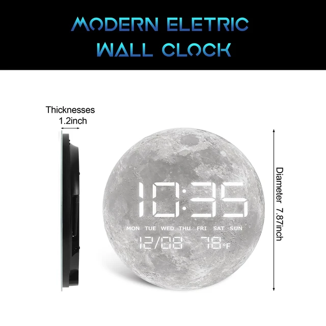 Alt view image 2 of 7 - Digital Desk & Shelf Clock, LED Moon/Earth Design, Temperature Display, 7.87 x 7.87 inches (Moon, 7.87 INCH)