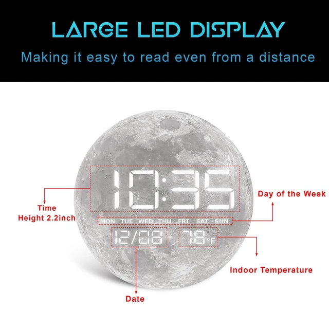 Alt view image 3 of 7 - Digital Desk & Shelf Clock, LED Moon/Earth Design, Temperature Display, 7.87 x 7.87 inches (Moon, 7.87 INCH)