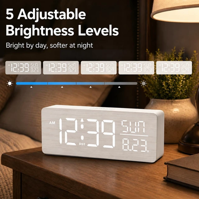 Alt view image 4 of 7 - Wooden Digital Alarm Clock Large Display, Textured Decoration | for Bedroom Living Room Desk Table, Electric Plug-in Clock Battery Backup with Time Date Day, 5 Brightness, Auto DST