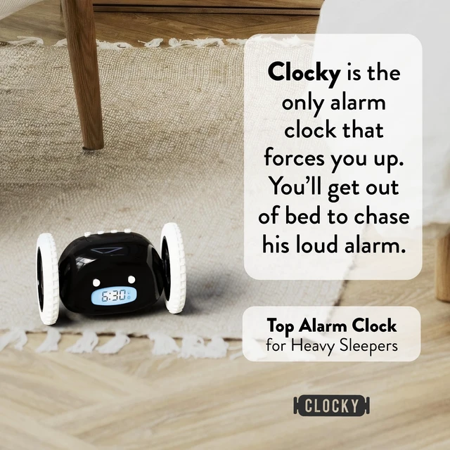 Alt view image 7 of 7 - Runaway Digital Loud Rolling Alarm Clock for Heavy Sleeper Adults | Alarm Clock on Wheels that Jumps & Runs to Wake You Up | Funny Unique Gift for Adults, Teens & Kids Bedrooms, Black