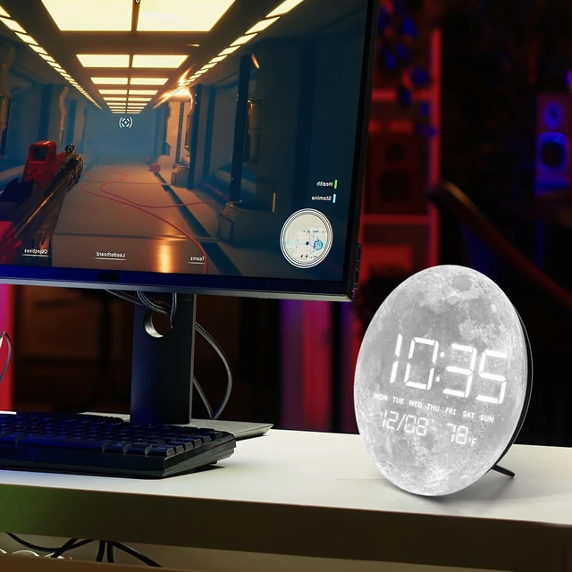 Alt view image 7 of 7 - Digital Desk & Shelf Clock, LED Moon/Earth Design, Temperature Display, 7.87 x 7.87 inches (Moon, 7.87 INCH)