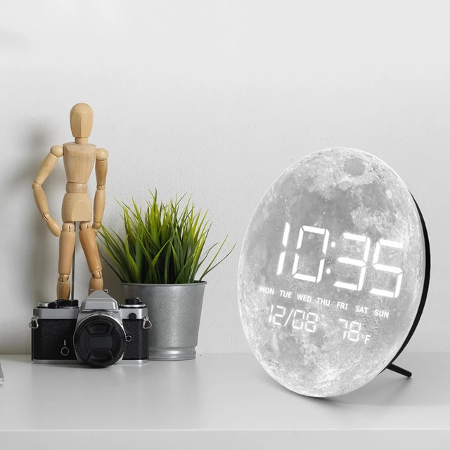 Alt view image 6 of 7 - Digital Desk & Shelf Clock, LED Moon/Earth Design, Temperature Display, 7.87 x 7.87 inches (Moon, 7.87 INCH)