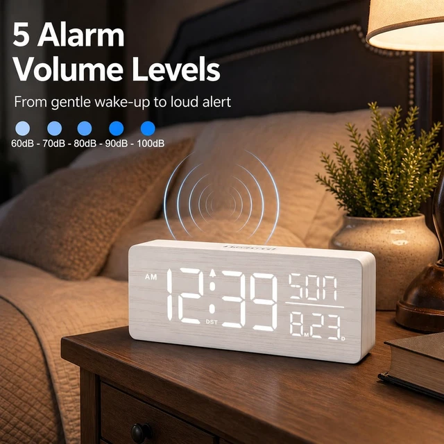 Alt view image 6 of 7 - Wooden Digital Alarm Clock Large Display, Textured Decoration | for Bedroom Living Room Desk Table, Electric Plug-in Clock Battery Backup with Time Date Day, 5 Brightness, Auto DST