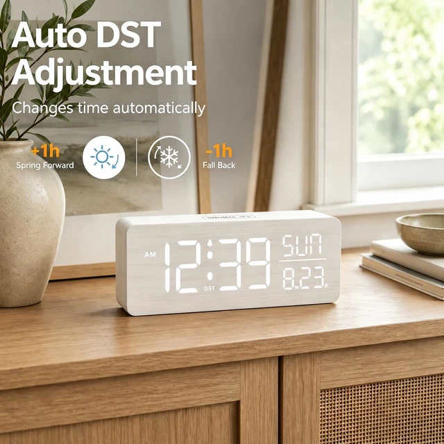 Alt view image 5 of 7 - Wooden Digital Alarm Clock Large Display, Textured Decoration | for Bedroom Living Room Desk Table, Electric Plug-in Clock Battery Backup with Time Date Day, 5 Brightness, Auto DST