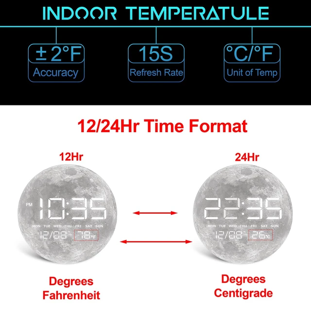 Alt view image 5 of 7 - Digital Desk & Shelf Clock, LED Moon/Earth Design, Temperature Display, 7.87 x 7.87 inches (Moon, 7.87 INCH)