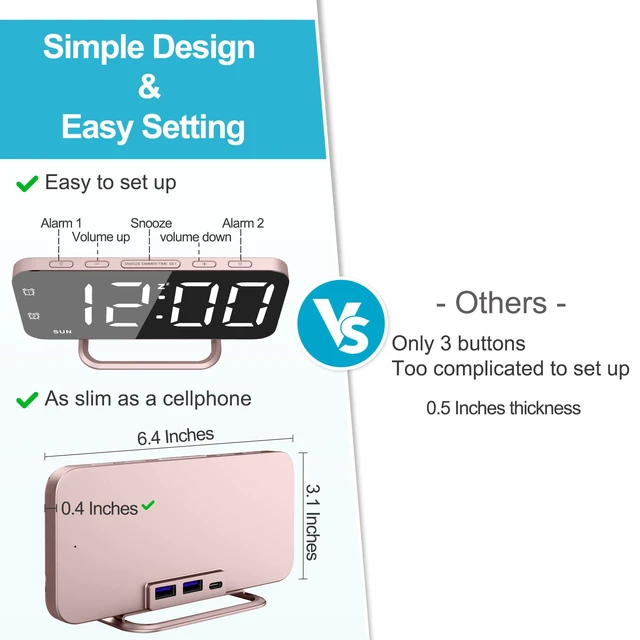 Alt view image 2 of 7 - Slim LED Digital Alarm Clock, Mirror Surface for Makeup, with Diming, Large Display, Easy Setting, USB Ports, Modern Decor for Bedroom, Desk, Christmas, Birthday Idea Gift for Women, Sister, Mom, Pink
