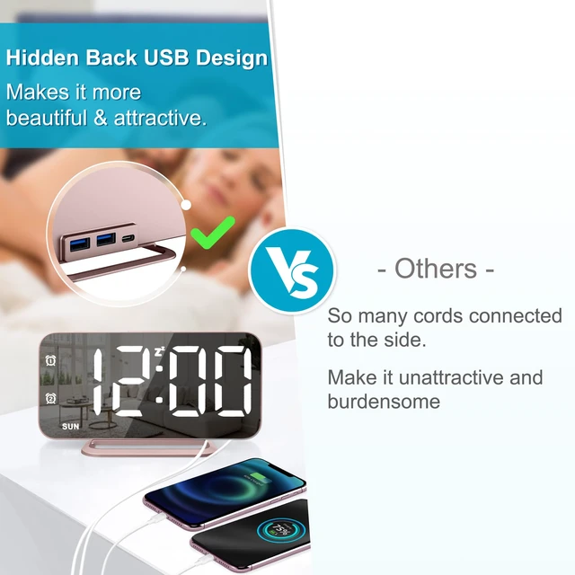 Alt view image 5 of 7 - Slim LED Digital Alarm Clock, Mirror Surface for Makeup, with Diming, Large Display, Easy Setting, USB Ports, Modern Decor for Bedroom, Desk, Christmas, Birthday Idea Gift for Women, Sister, Mom, Pink