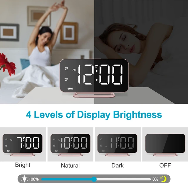 Alt view image 7 of 7 - Slim LED Digital Alarm Clock, Mirror Surface for Makeup, with Diming, Large Display, Easy Setting, USB Ports, Modern Decor for Bedroom, Desk, Christmas, Birthday Idea Gift for Women, Sister, Mom, Pink