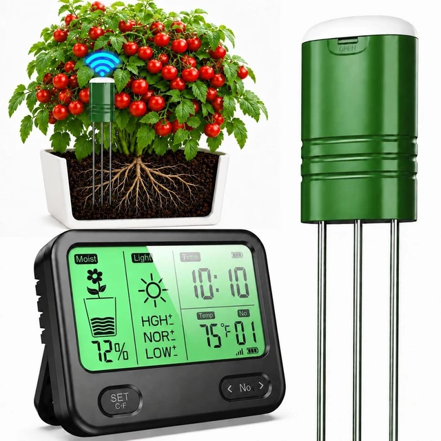 Main image of Soil Moisture Meter for Plants,4-in-1 Wireless Soil Tester,Soil Thermometer/Moisture/Sunlight Time,Large Screen,Indoor/Outdoor Plant Water Meter,Garden Soil Test Kit for Lawn,Farm,Houseplants