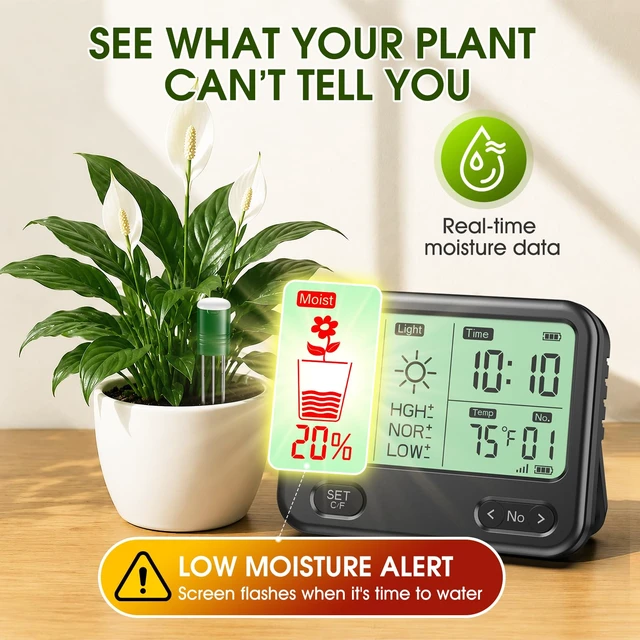Alt view image 3 of 7 - Soil Moisture Meter for Plants,4-in-1 Wireless Soil Tester,Soil Thermometer/Moisture/Sunlight Time,Large Screen,Indoor/Outdoor Plant Water Meter,Garden Soil Test Kit for Lawn,Farm,Houseplants