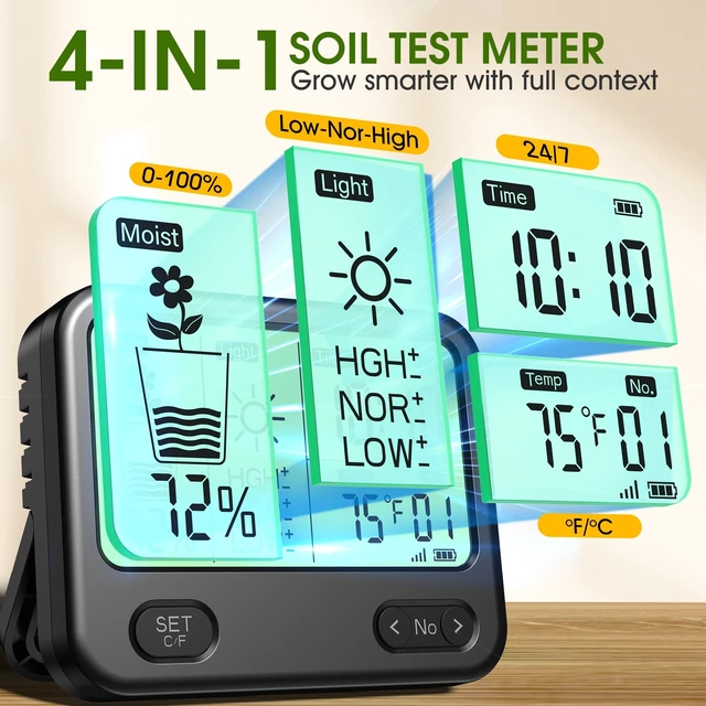 Alt view image 4 of 7 - Soil Moisture Meter for Plants,4-in-1 Wireless Soil Tester,Soil Thermometer/Moisture/Sunlight Time,Large Screen,Indoor/Outdoor Plant Water Meter,Garden Soil Test Kit for Lawn,Farm,Houseplants