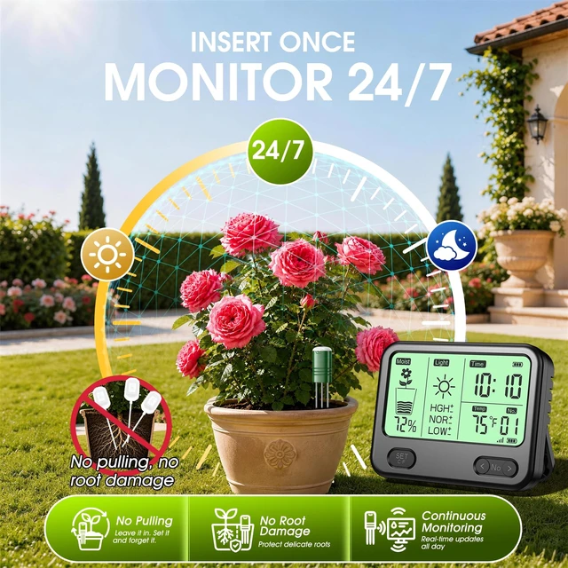 Alt view image 7 of 7 - Soil Moisture Meter for Plants,4-in-1 Wireless Soil Tester,Soil Thermometer/Moisture/Sunlight Time,Large Screen,Indoor/Outdoor Plant Water Meter,Garden Soil Test Kit for Lawn,Farm,Houseplants