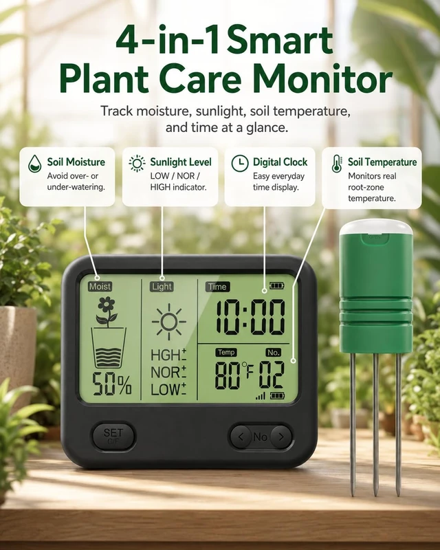 Alt view image 2 of 7 - Wireless Soil Moisture Meter for Plants,4 Sensors Included,Supports 12 Zone | TDR sensors track soil moisture, temperature and sunlight up to 230 ft; the indoor display gives custom low-water alerts.