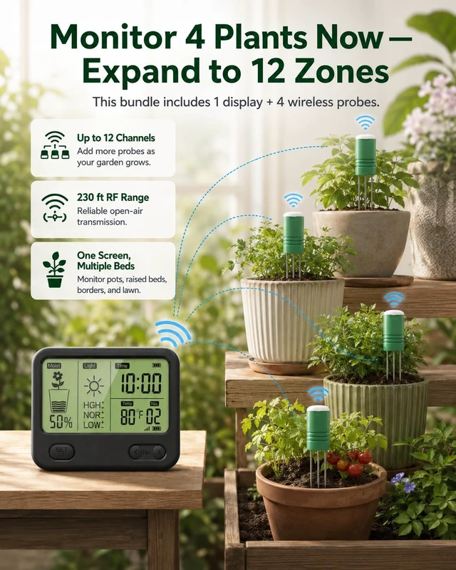 Alt view image 3 of 7 - Wireless Soil Moisture Meter for Plants,4 Sensors Included,Supports 12 Zone | TDR sensors track soil moisture, temperature and sunlight up to 230 ft; the indoor display gives custom low-water alerts.