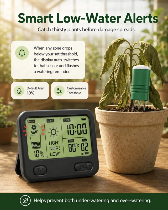 Alt view image 4 of 7 - Wireless Soil Moisture Meter for Plants,4 Sensors Included,Supports 12 Zone | TDR sensors track soil moisture, temperature and sunlight up to 230 ft; the indoor display gives custom low-water alerts.