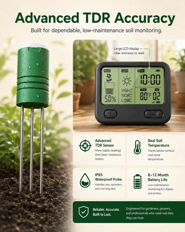 Alt view image 5 of 7 - Wireless Soil Moisture Meter for Plants,4 Sensors Included,Supports 12 Zone | TDR sensors track soil moisture, temperature and sunlight up to 230 ft; the indoor display gives custom low-water alerts.