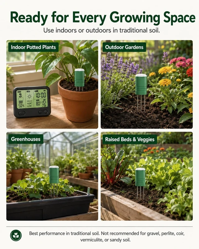 Alt view image 6 of 7 - Wireless Soil Moisture Meter for Plants,4 Sensors Included,Supports 12 Zone | TDR sensors track soil moisture, temperature and sunlight up to 230 ft; the indoor display gives custom low-water alerts.