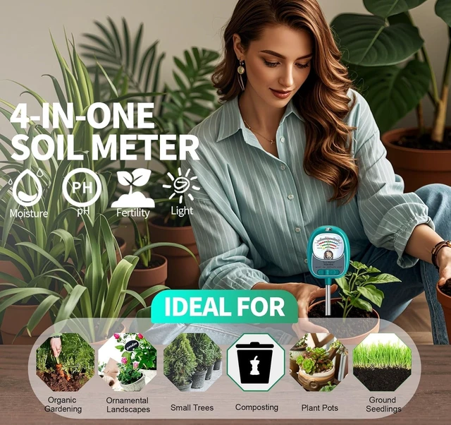 Alt view image 3 of 6 - Soil Moisture Meter for Plants, 4-in-1 Soil Tester - pH/Fertility/Sunlight Meter, Large Dial, Indoor/Outdoor Plant Water Monitor, Garden Soil Test Kit for Lawn, Farm, Houseplants