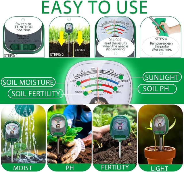 Alt view image 4 of 6 - Soil Moisture Meter for Plants, 4-in-1 Soil Tester - pH/Fertility/Sunlight Meter, Large Dial, Indoor/Outdoor Plant Water Monitor, Garden Soil Test Kit for Lawn, Farm, Houseplants