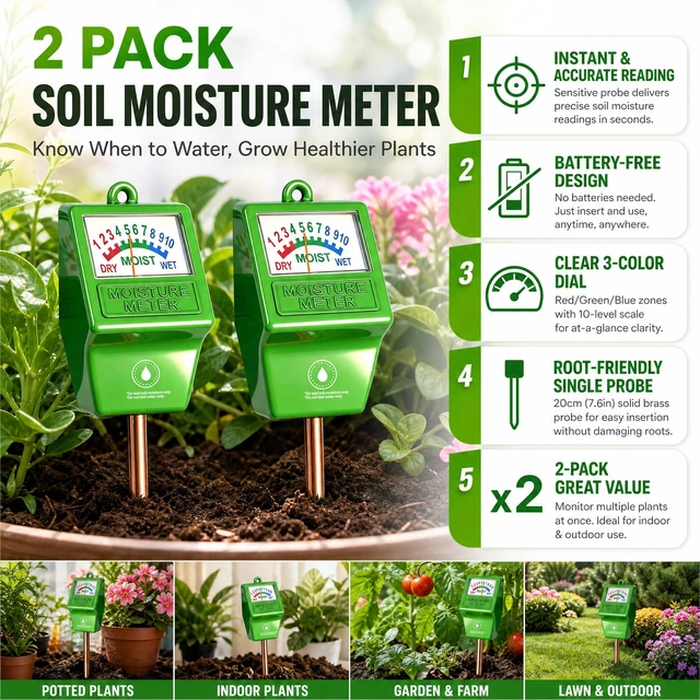 Alt view image 2 of 7 - 2 Pcs Plant Water Meter, Soil Moisture Meter for Indoor Outdoor Use | Battery-free, Instant Read Soil Water Level, Easy to Read & Use, Single-Probe, less hurts to plants roots