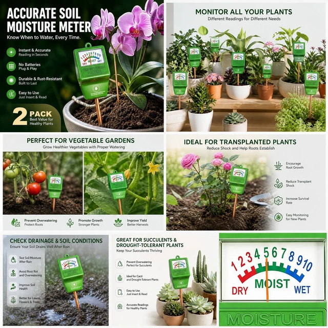 Alt view image 4 of 7 - 2 Pcs Plant Water Meter, Soil Moisture Meter for Indoor Outdoor Use | Battery-free, Instant Read Soil Water Level, Easy to Read & Use, Single-Probe, less hurts to plants roots
