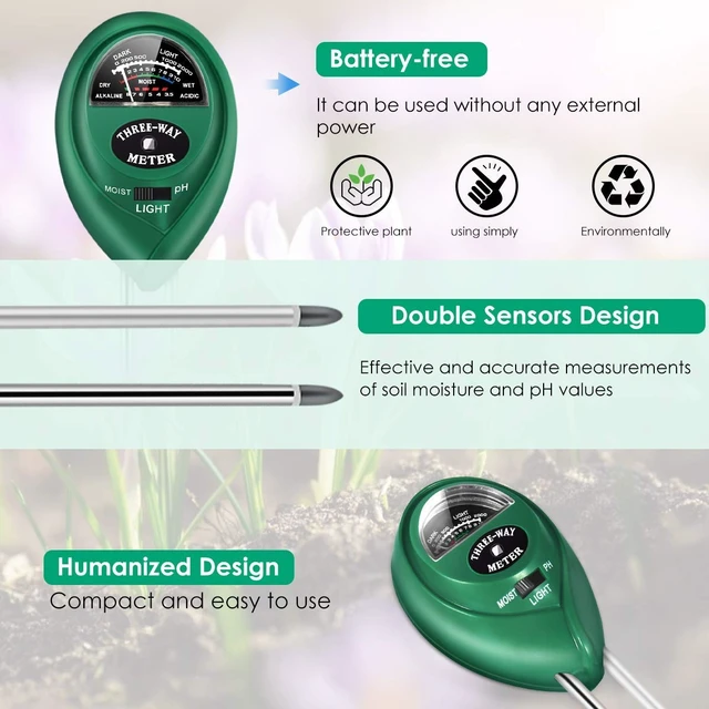 Alt view image 6 of 7 - Soil Moisture Meter, Soil PH/Light Tester Plant Soil Test Kit Indoor Outdoor Use, Hygrometer Moisture Sensor Water Meter for Potted Plants Trees Lawn Farm Garden, No Battery Needed (Light Green)