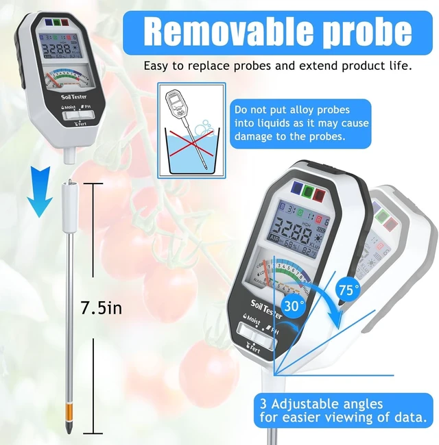 Alt view image 2 of 7 - Soil Moisture Meter, 7-in-1 Soil PH Tester/Soil Moisture/Fertility with Removable Probe, Digital Air Temp/Humidity/Sunlight Intensity/BGR Spectral for Plants Gardening, Lawn and Indoor Outdoor Plants