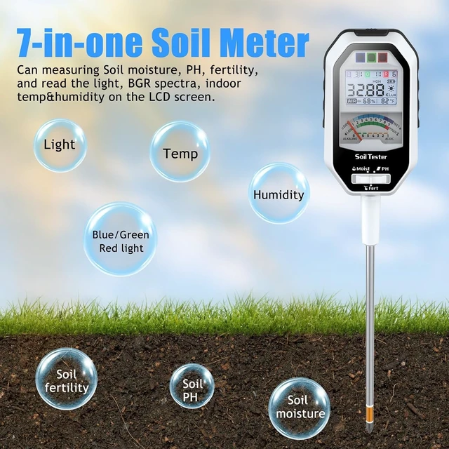 Alt view image 7 of 7 - Soil Moisture Meter, 7-in-1 Soil PH Tester/Soil Moisture/Fertility with Removable Probe, Digital Air Temp/Humidity/Sunlight Intensity/BGR Spectral for Plants Gardening, Lawn and Indoor Outdoor Plants
