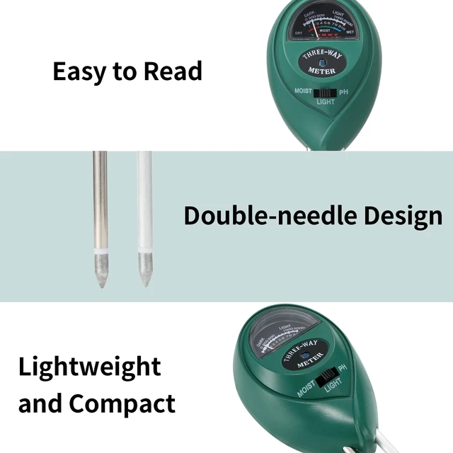 Alt view image 3 of 6 - 2 Packs Soil Moisture Meter, 3 in 1 Soil Tester Tool, Plant Water Monitor | Soil Hygrometer Sensor for Gardening, Farming, Indoor and Outdoor Plants, No Batteries Required (Black & Green)