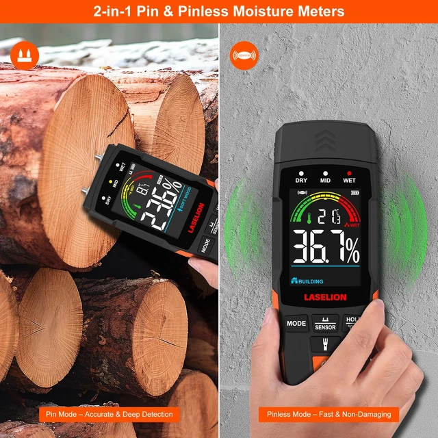 Alt view image 2 of 7 - 2-in-1 Pin & Pinless Moisture Meter MS03 Accurate Moisture Detection for Wood, Concrete, Drywall, and More LCD Display with Hold Function, Flashlight, and Auto Power Off