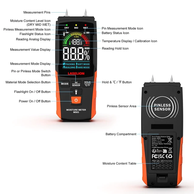 Alt view image 3 of 7 - 2-in-1 Pin & Pinless Moisture Meter MS03 Accurate Moisture Detection for Wood, Concrete, Drywall, and More LCD Display with Hold Function, Flashlight, and Auto Power Off
