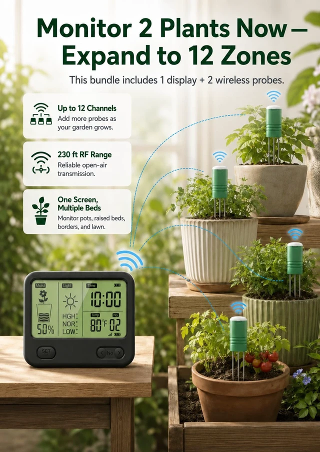 Alt view image 3 of 6 - Soil Moisture Meter for Plants, 12-Zone Wireless Plant Water Meter, Soil Thermometer and Light Sensor, 4-in-1 TDR Tester, 230ft Range, IPX5 Waterproof for Indoor Outdoor Garde(Display+2Sensor)