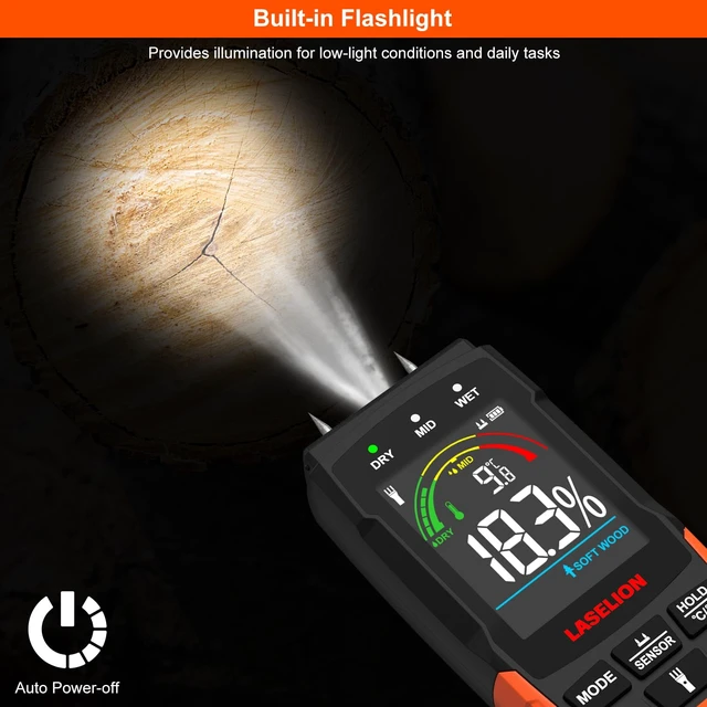 Alt view image 7 of 7 - 2-in-1 Pin & Pinless Moisture Meter MS03 Accurate Moisture Detection for Wood, Concrete, Drywall, and More LCD Display with Hold Function, Flashlight, and Auto Power Off