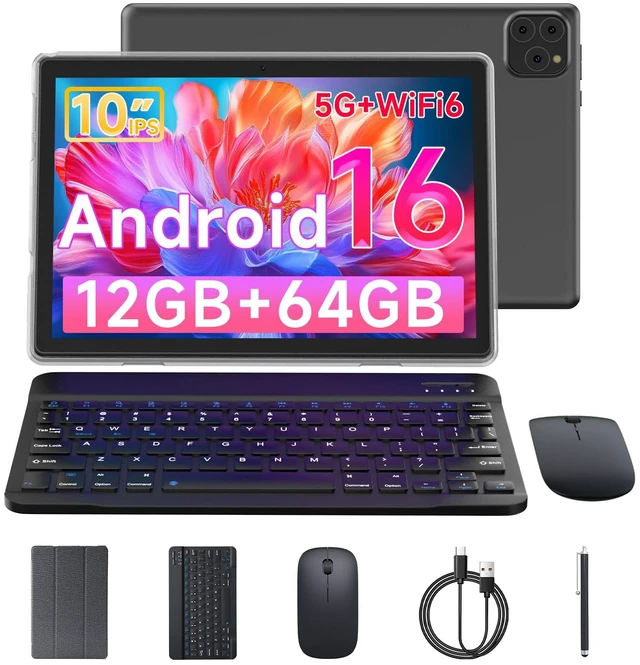 Main image of Tablet Android 16 10 Inch 12GB RAM+64GB ROM/ 1TB Expandable, 1280 * 800 HD Touch Screen, 5G WiFi6 BT 5.0, 2 in 1 Tab with Keyboard Case Mouse Stylus (Black)