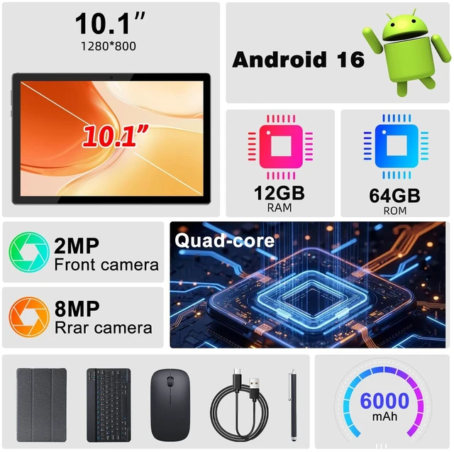 Alt view image 2 of 7 - Tablet Android 16 10 Inch 12GB RAM+64GB ROM/ 1TB Expandable, 1280 * 800 HD Touch Screen, 5G WiFi6 BT 5.0, 2 in 1 Tab with Keyboard Case Mouse Stylus (Black)