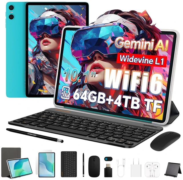 Main image of 10.1" P33 Android 2-in-1 Tablet Bundle with Keyboard Mouse Case | 64GB Storage,WiFi 6, 6000mAh, Gemini AI, Widevine L1, Quad-Core, GMS, Portable Laptop for Students & Business