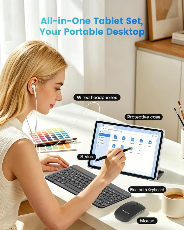 Alt view image 2 of 7 - 10.1" P33 Android 2-in-1 Tablet Bundle with Keyboard Mouse Case | 64GB Storage,WiFi 6, 6000mAh, Gemini AI, Widevine L1, Quad-Core, GMS, Portable Laptop for Students & Business
