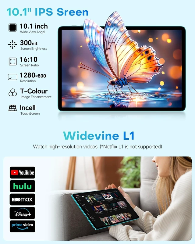 Alt view image 3 of 7 - 10.1" P33 Android 2-in-1 Tablet Bundle with Keyboard Mouse Case | 64GB Storage,WiFi 6, 6000mAh, Gemini AI, Widevine L1, Quad-Core, GMS, Portable Laptop for Students & Business