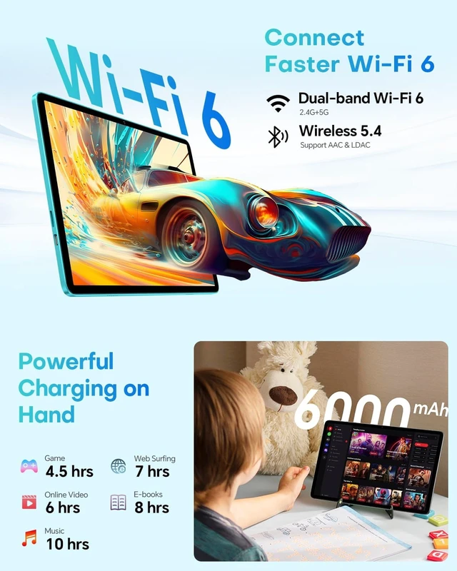 Alt view image 4 of 7 - 10.1" P33 Android 2-in-1 Tablet Bundle with Keyboard Mouse Case | 64GB Storage,WiFi 6, 6000mAh, Gemini AI, Widevine L1, Quad-Core, GMS, Portable Laptop for Students & Business