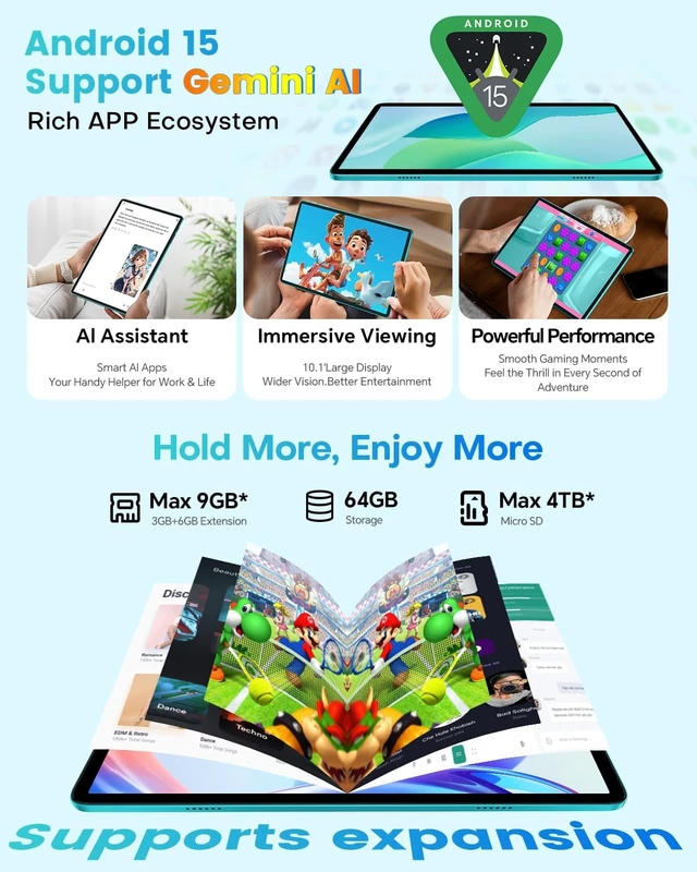 Alt view image 5 of 7 - 10.1" P33 Android 2-in-1 Tablet Bundle with Keyboard Mouse Case | 64GB Storage,WiFi 6, 6000mAh, Gemini AI, Widevine L1, Quad-Core, GMS, Portable Laptop for Students & Business
