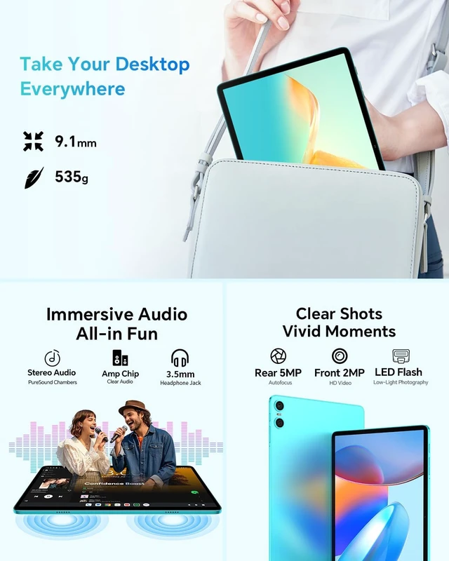 Alt view image 7 of 7 - 10.1" P33 Android 2-in-1 Tablet Bundle with Keyboard Mouse Case | 64GB Storage,WiFi 6, 6000mAh, Gemini AI, Widevine L1, Quad-Core, GMS, Portable Laptop for Students & Business